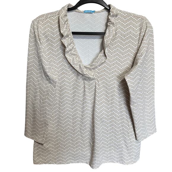 J.McLaughlin Durham Ruffle Top Chevron Catalina Cloth Blouse Tan Whit Size Large - Picture 3 of 11